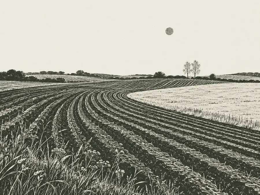 An olive-ink engraving of curved furrows, a fallow field, and distant birch trees under a small sun.